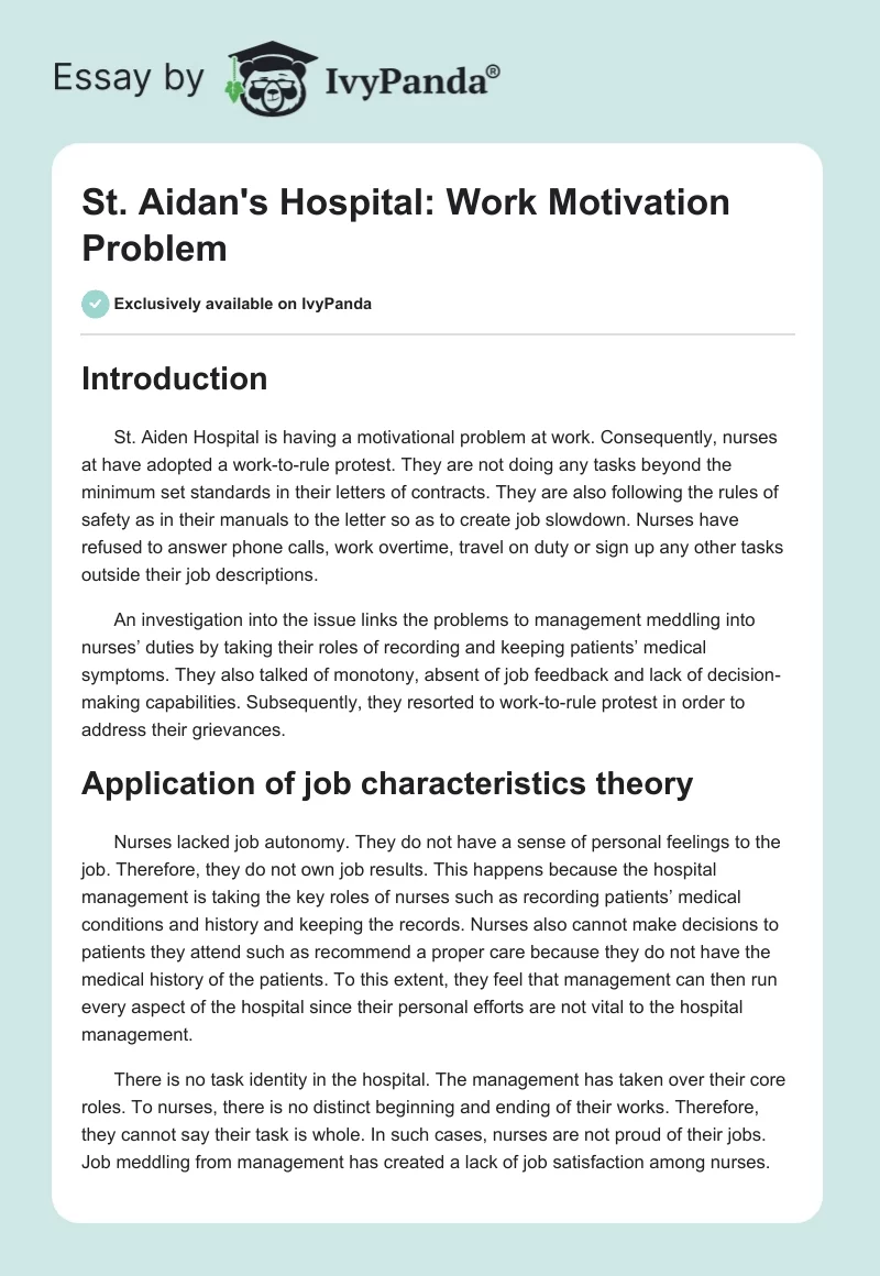 St. Aidan's Hospital: Work Motivation Problem. Page 1