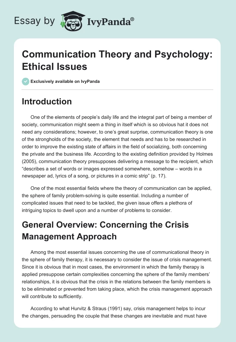 Communication Theory and Psychology: Ethical Issues. Page 1