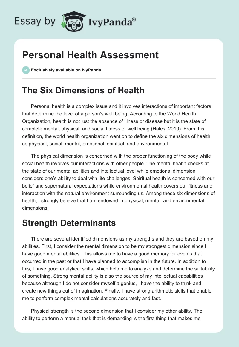 Personal Health Assessment. Page 1