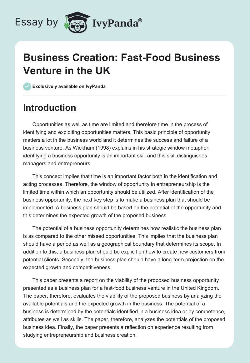 Business Creation: Fast-Food Business Venture in the UK. Page 1