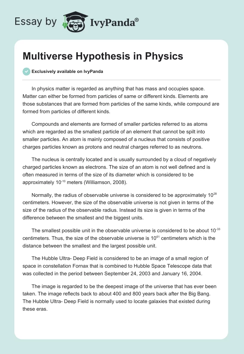 Multiverse Hypothesis in Physics. Page 1