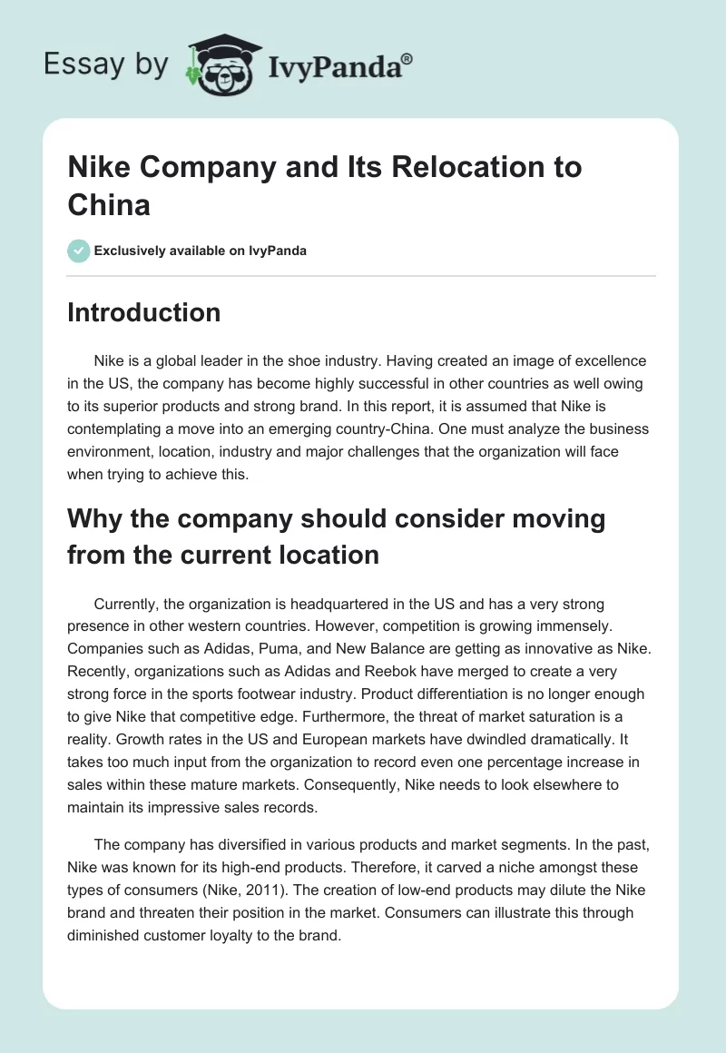 Nike Company and Its Relocation to China. Page 1