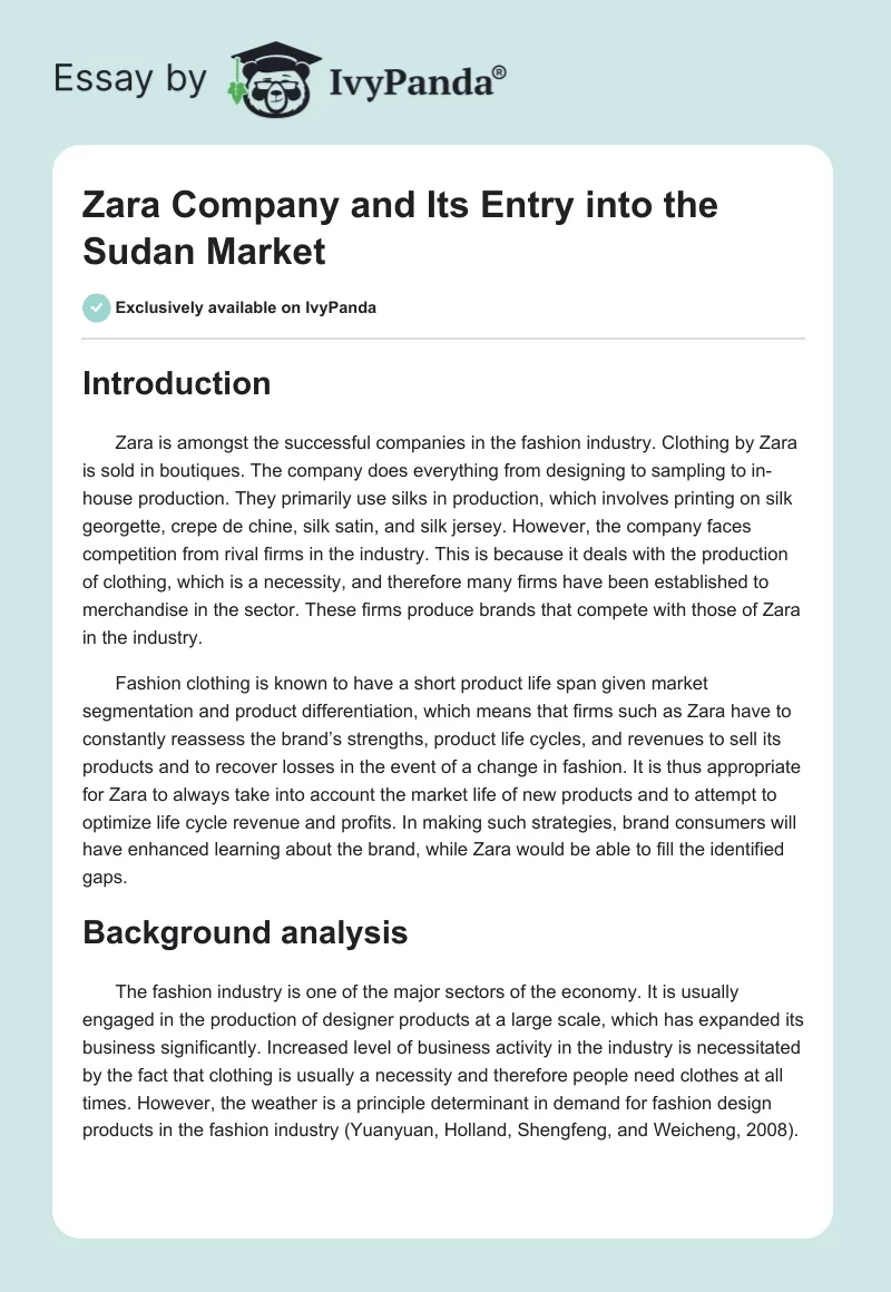 Zara Company and Its Entry into the Sudan Market. Page 1