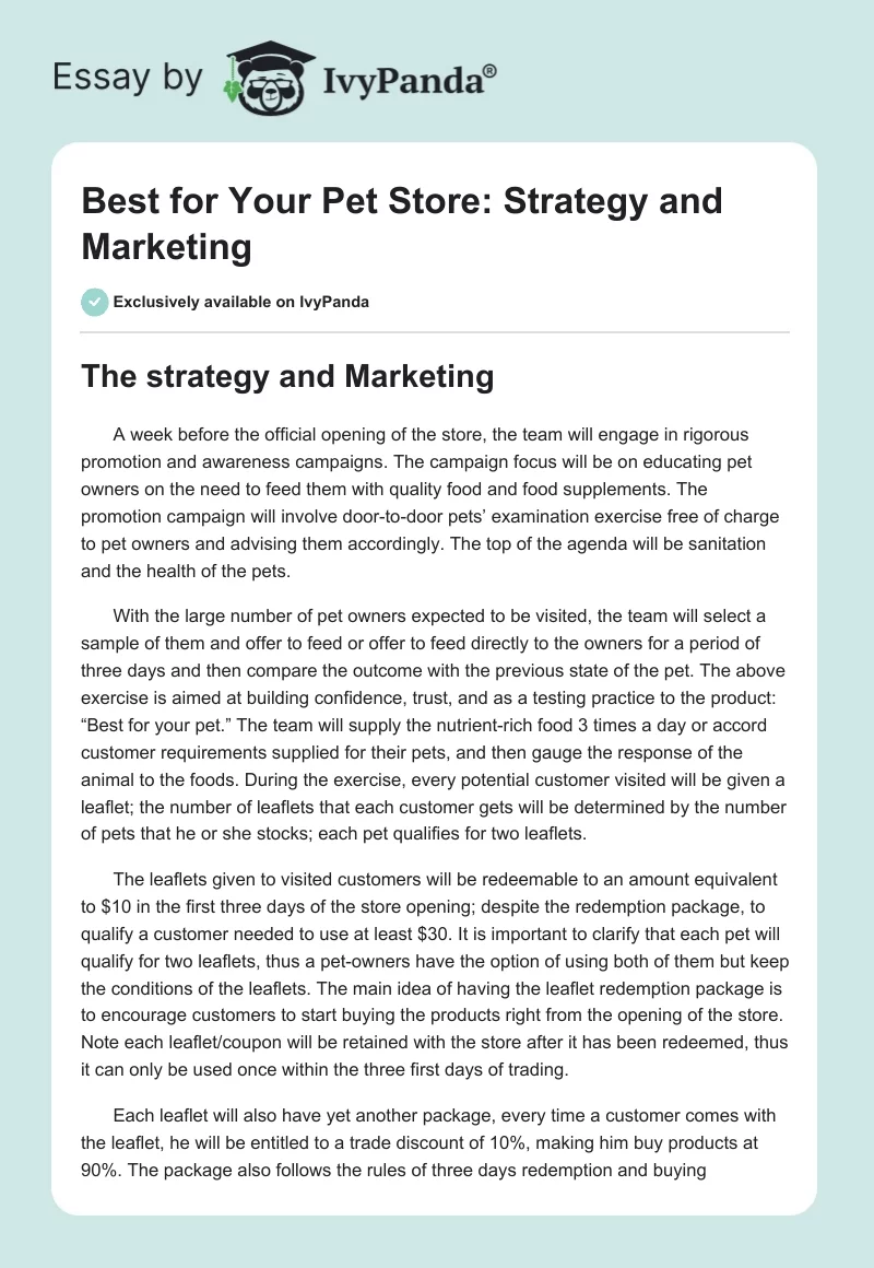 "Best for Your Pet" Store: Strategy and Marketing. Page 1