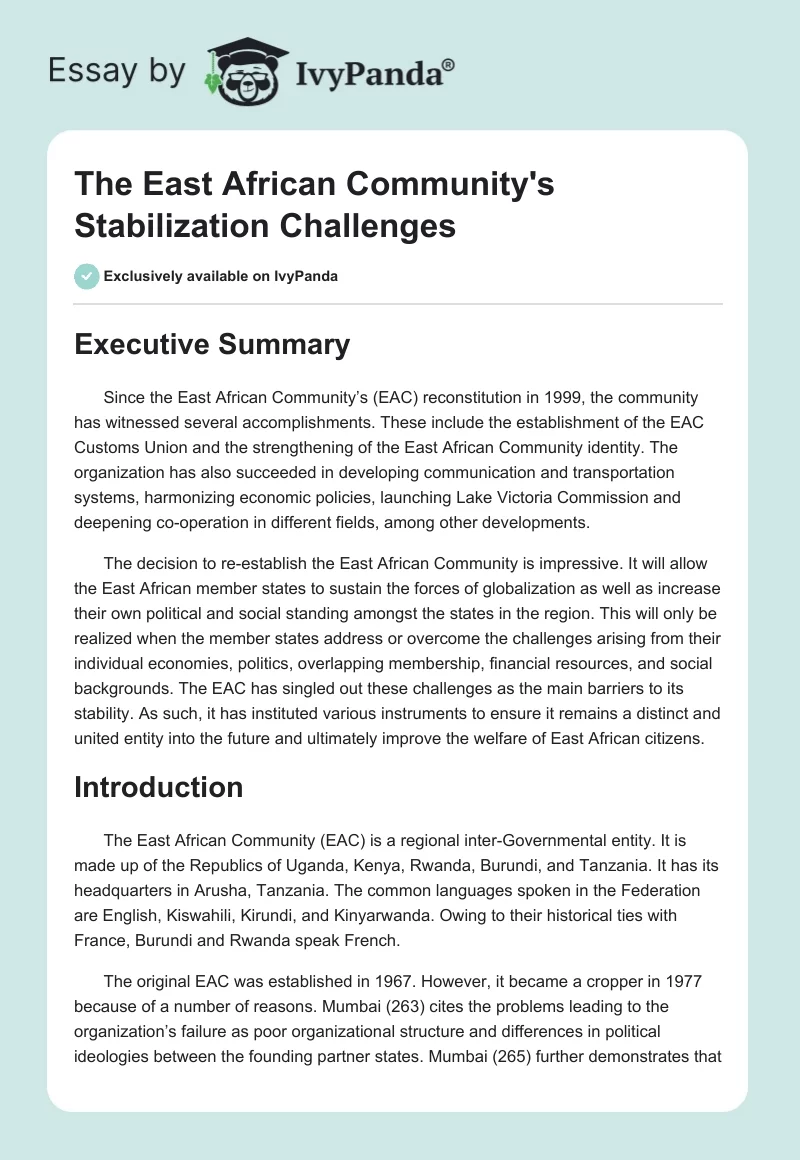 The East African Community's Stabilization Challenges. Page 1