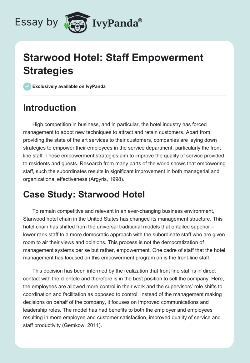 Starwood Hotel: Staff Empowerment Strategies. Page 1