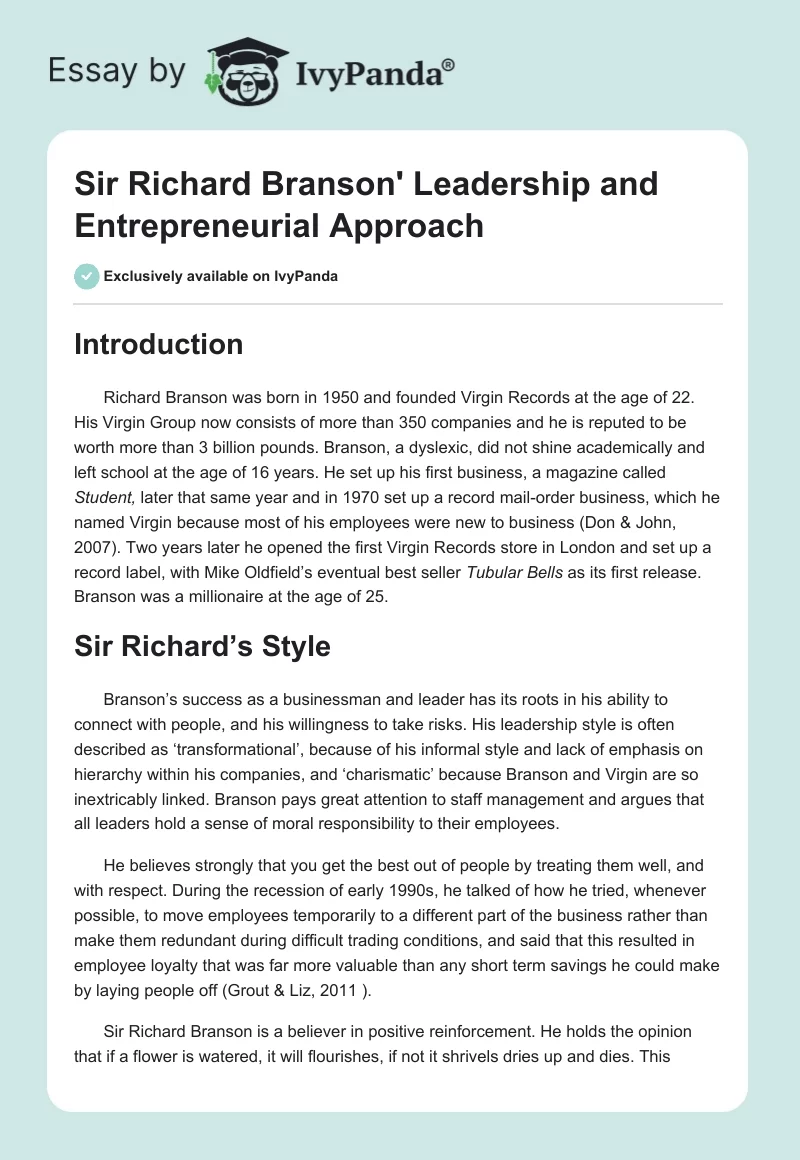 Sir Richard Branson' Leadership and Entrepreneurial Approach. Page 1