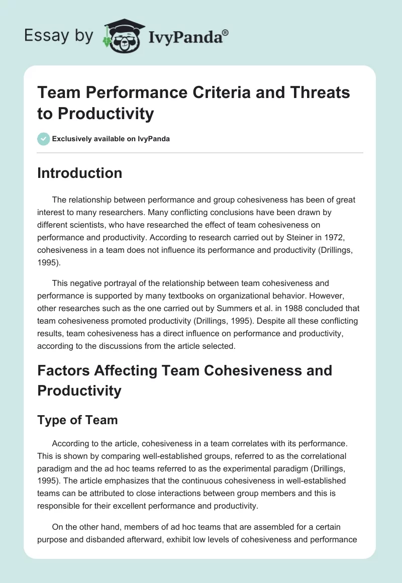 Team Performance Criteria and Threats to Productivity. Page 1