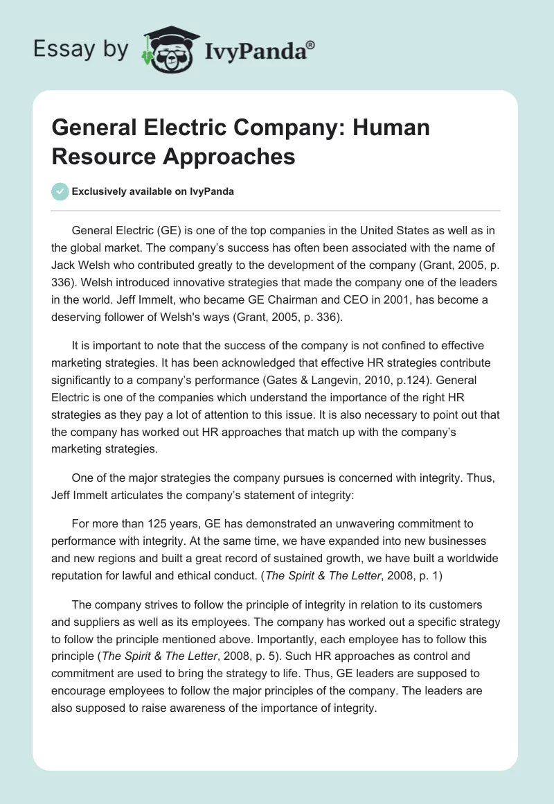General Electric Company: Human Resource Approaches. Page 1
