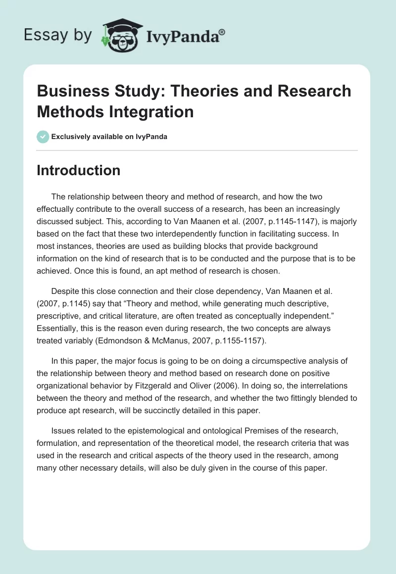 Business Study: Theories and Research Methods Integration. Page 1