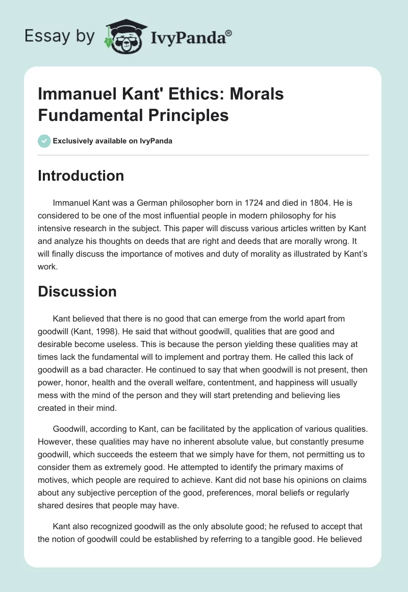 Immanuel Kant' Ethics: Morals Fundamental Principles. Page 1