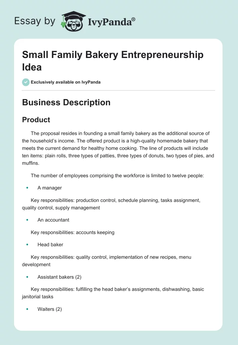 Small Family Bakery Entrepreneurship Idea. Page 1