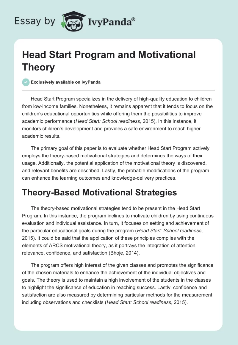 Head Start Program and Motivational Theory. Page 1