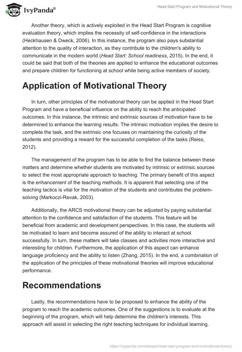 Head Start Program and Motivational Theory. Page 2
