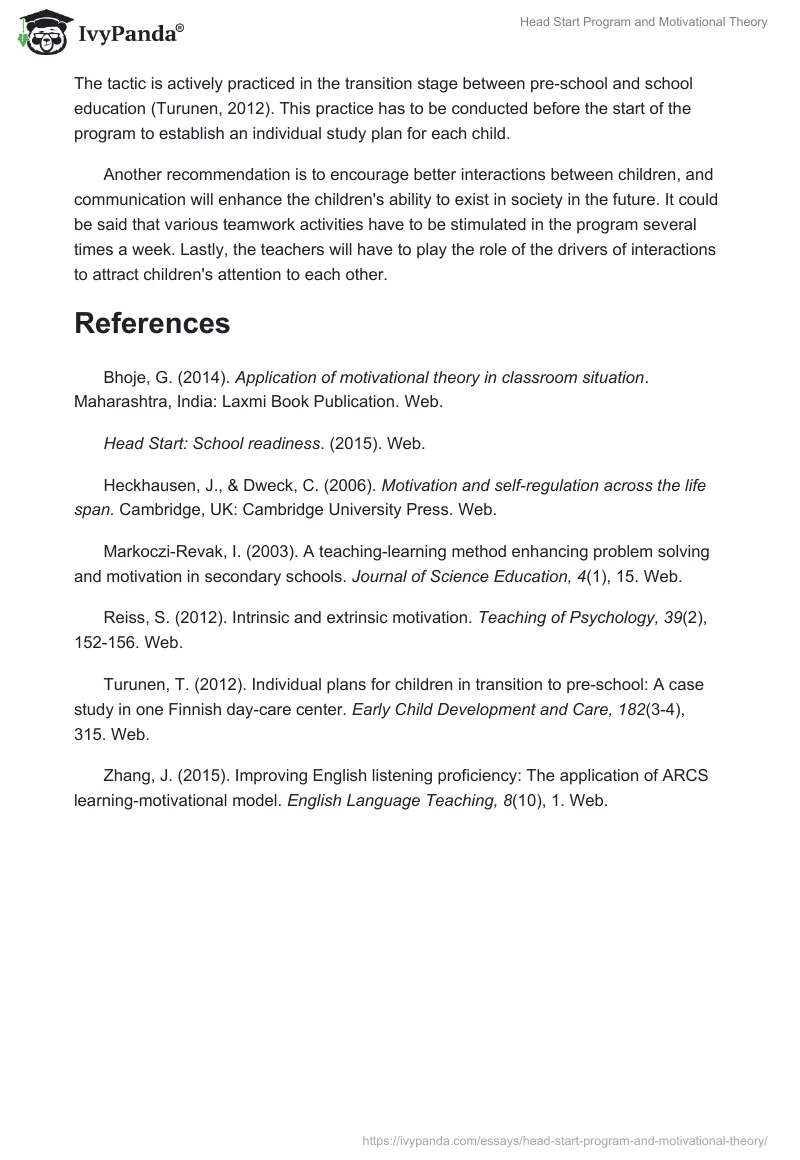 Head Start Program and Motivational Theory. Page 3