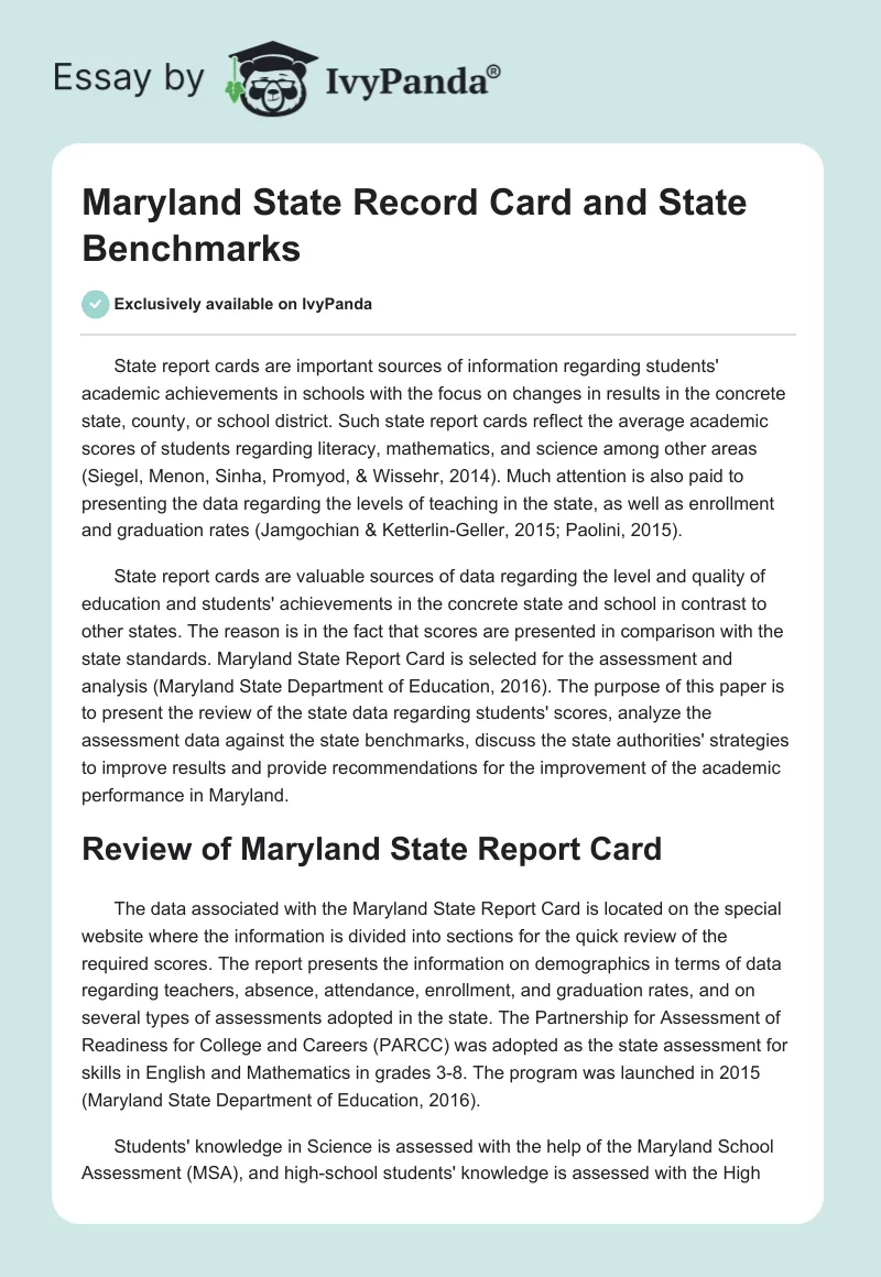 Maryland State Record Card and State Benchmarks. Page 1