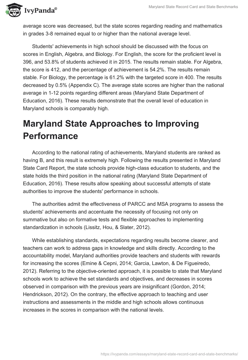 Maryland State Record Card and State Benchmarks. Page 3