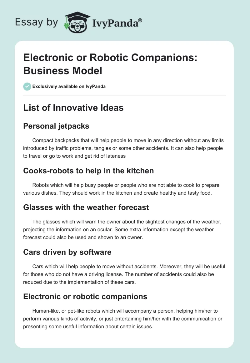 Electronic or Robotic Companions: Business Model. Page 1
