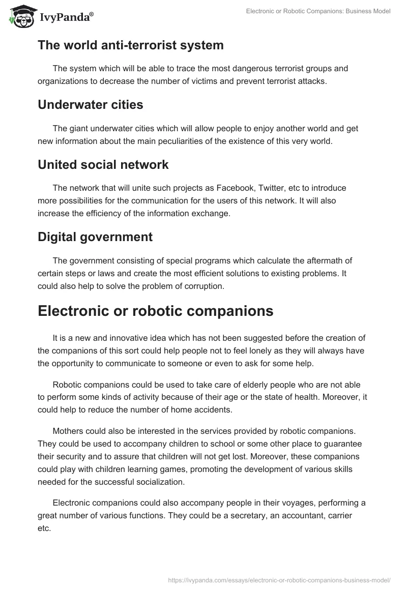 Electronic or Robotic Companions: Business Model. Page 5