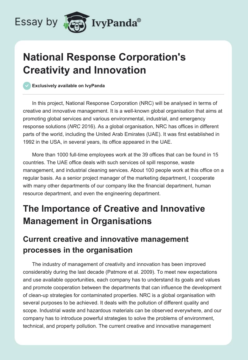 National Response Corporation's Creativity and Innovation. Page 1