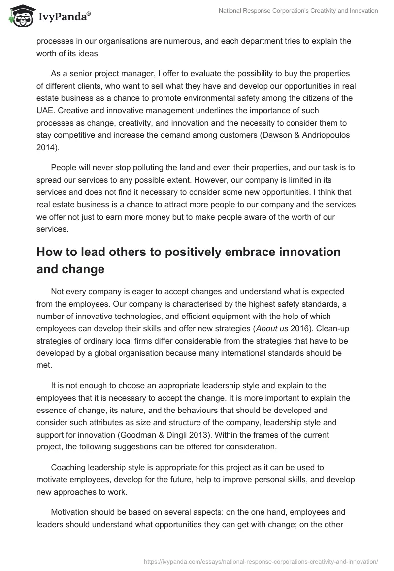 National Response Corporation's Creativity and Innovation. Page 2