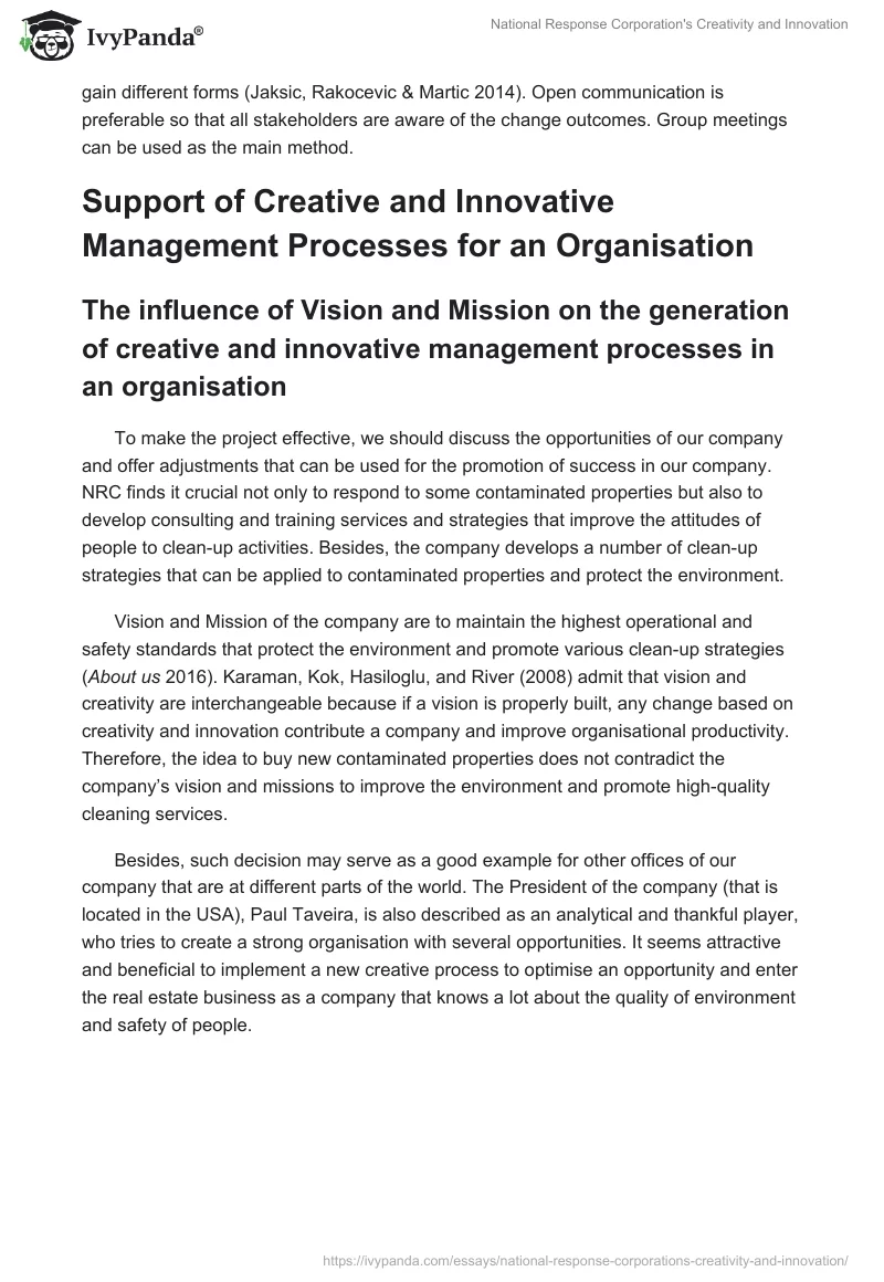 National Response Corporation's Creativity and Innovation. Page 5