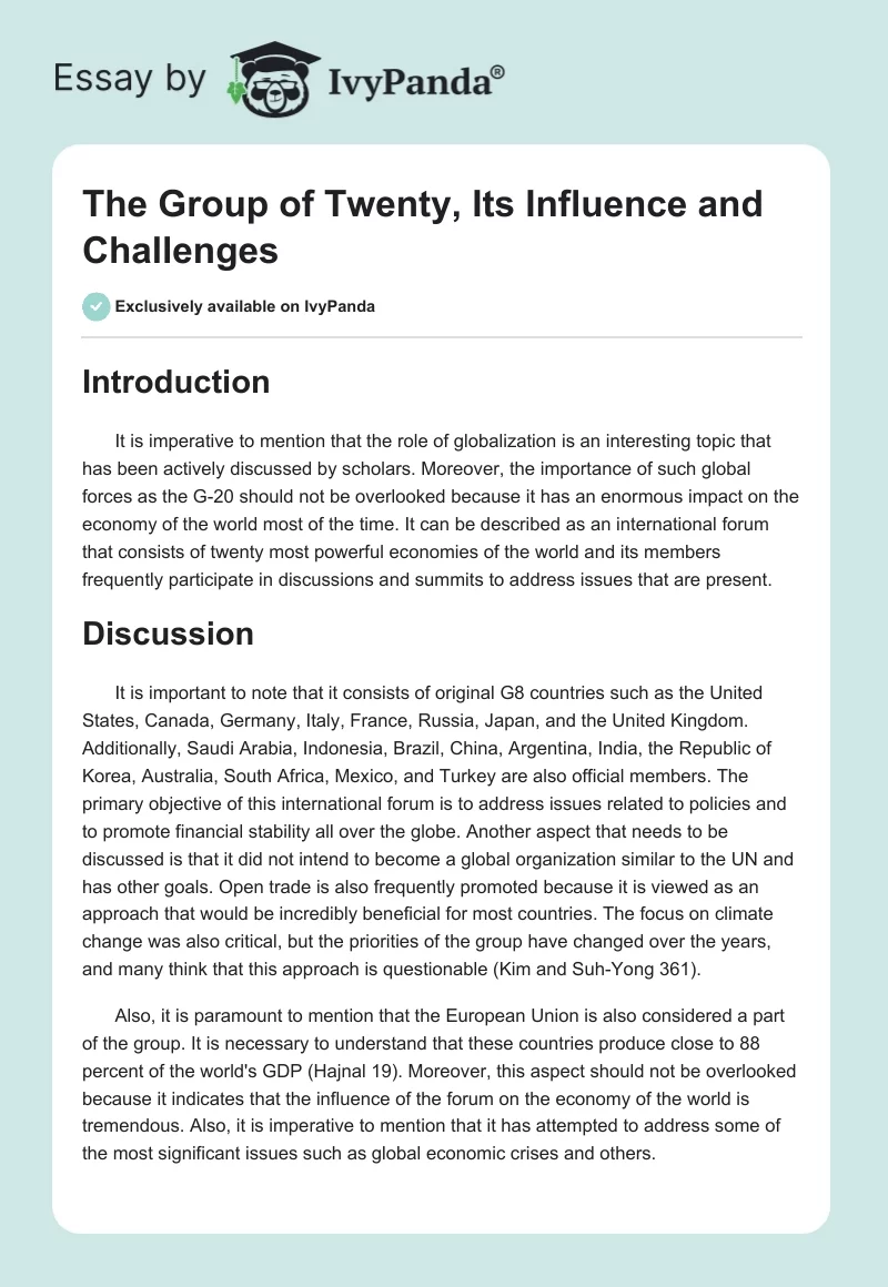 The Group of Twenty, Its Influence and Challenges. Page 1