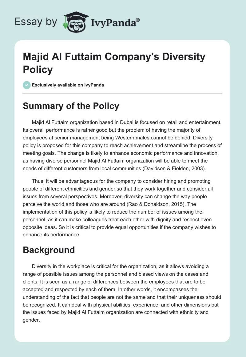 Majid Al Futtaim Company's Diversity Policy. Page 1