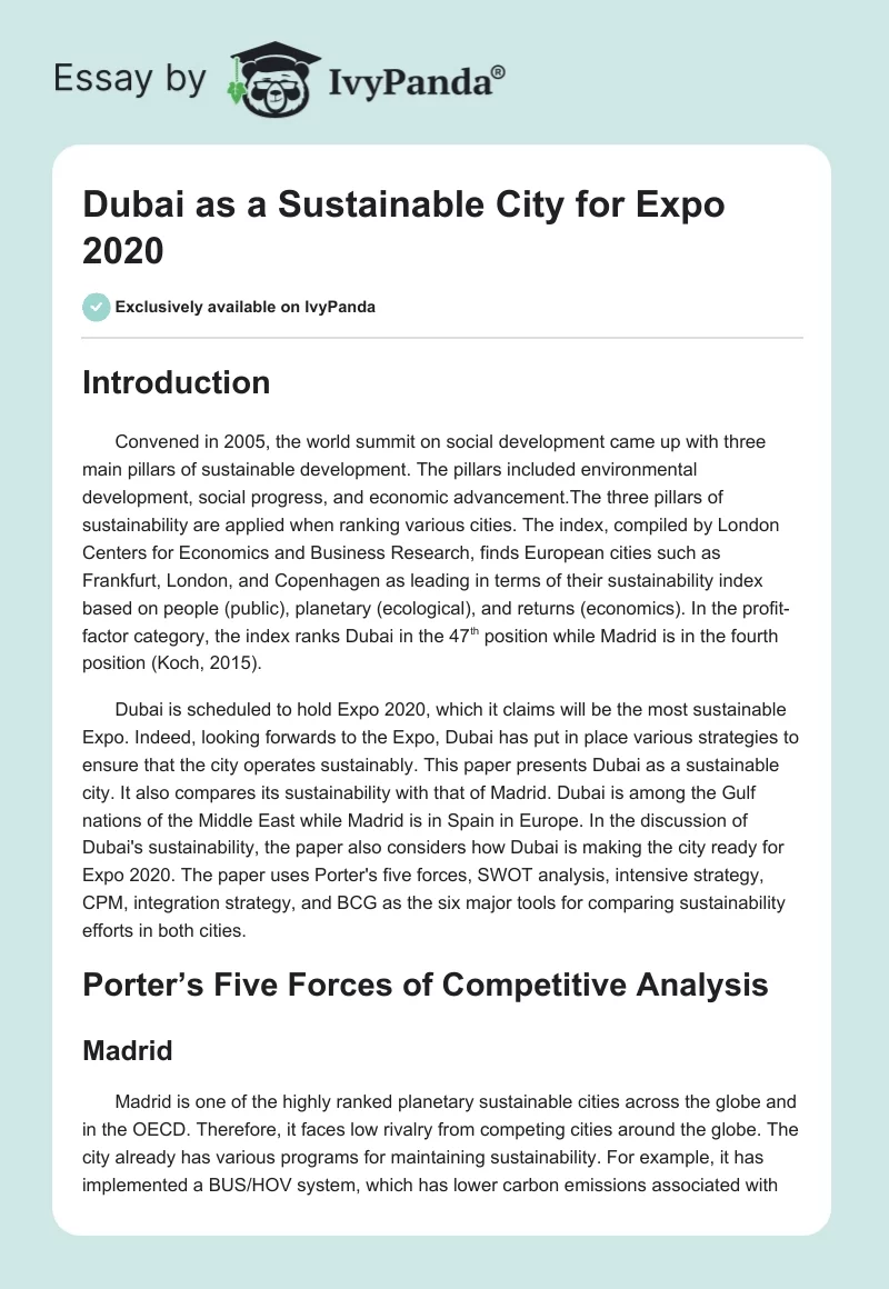 Dubai as a Sustainable City for Expo 2020. Page 1