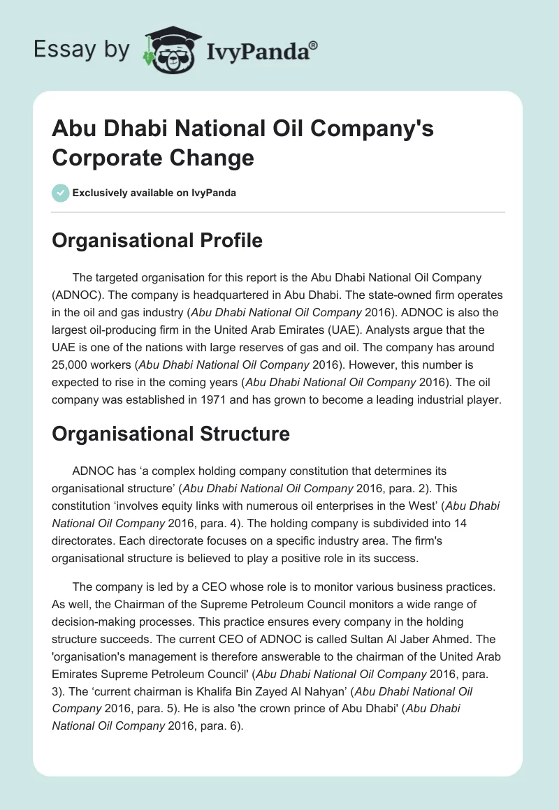 Abu Dhabi National Oil Company's Corporate Change. Page 1