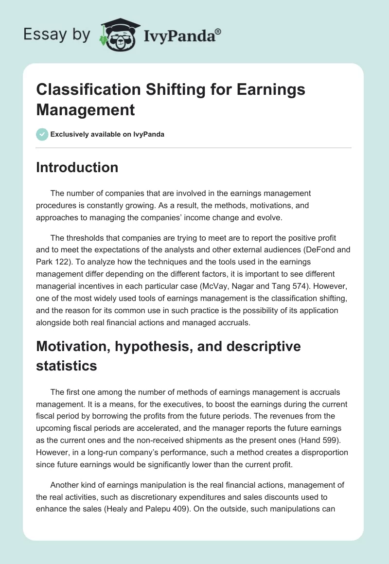Classification Shifting for Earnings Management. Page 1