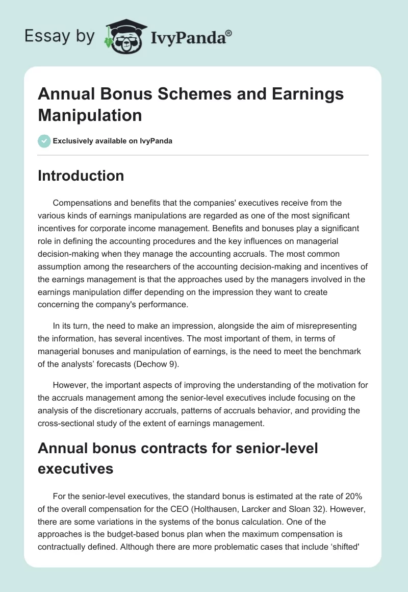Annual Bonus Schemes and Earnings Manipulation. Page 1