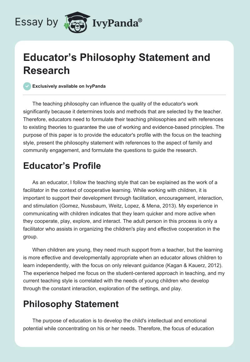 Educator’s Philosophy Statement and Research. Page 1