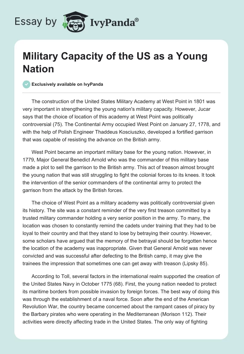 Military Capacity of the US as a Young Nation. Page 1