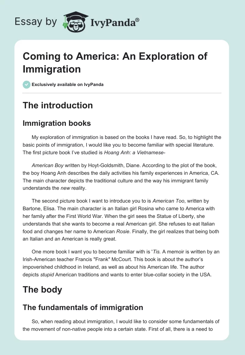 Coming to America: An Exploration of Immigration. Page 1