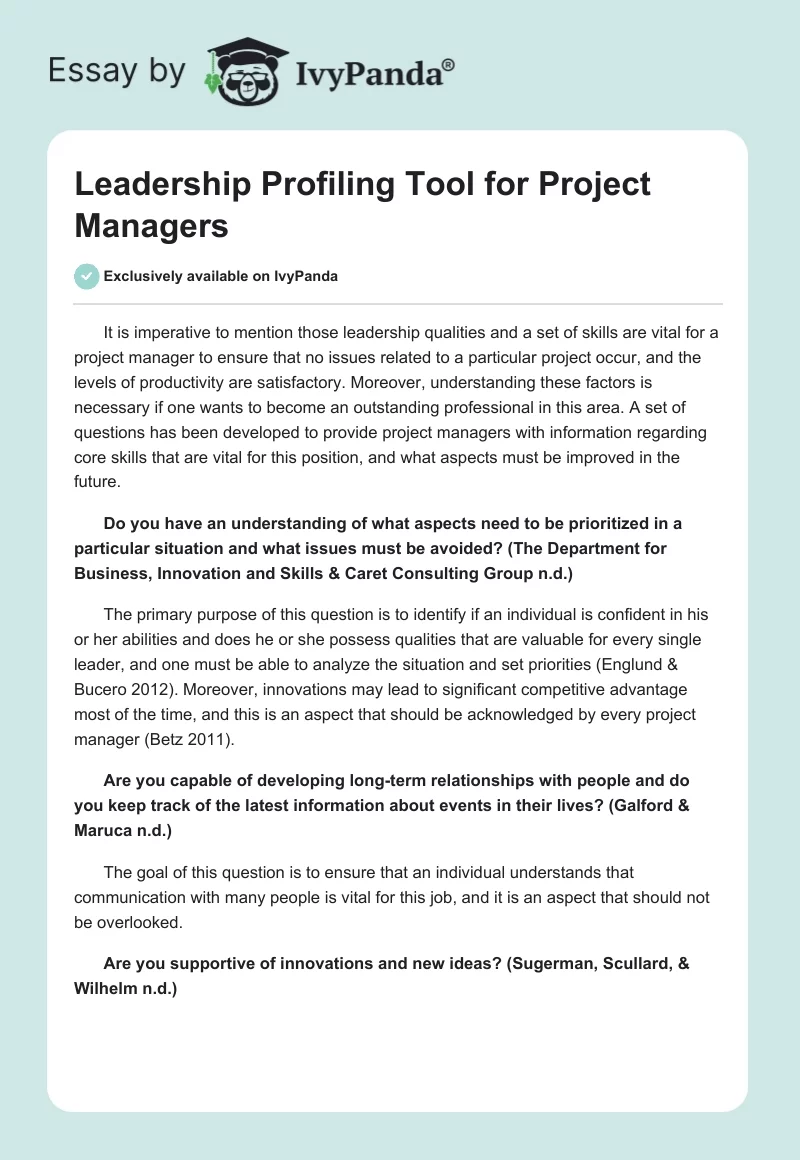 Leadership Profiling Tool for Project Managers. Page 1
