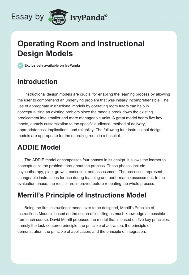 Operating Room and Instructional Design Models. Page 1