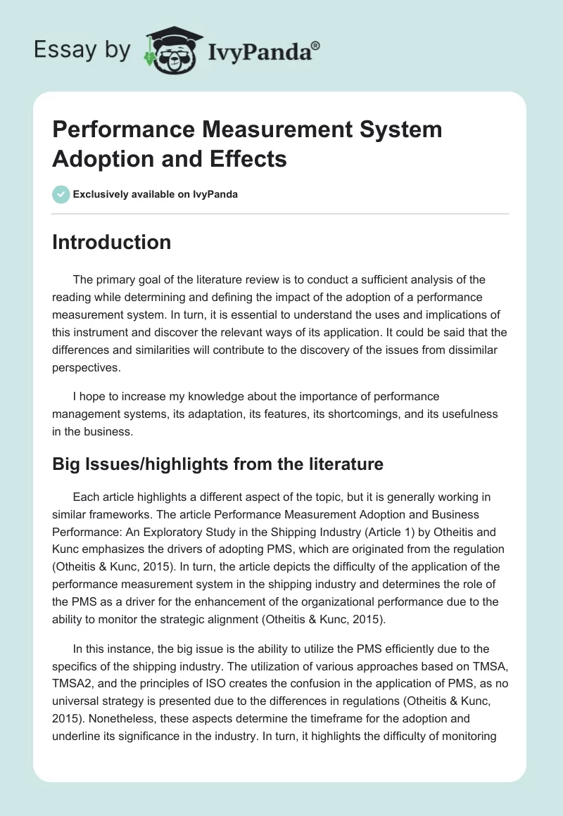 Performance Measurement System Adoption and Effects. Page 1