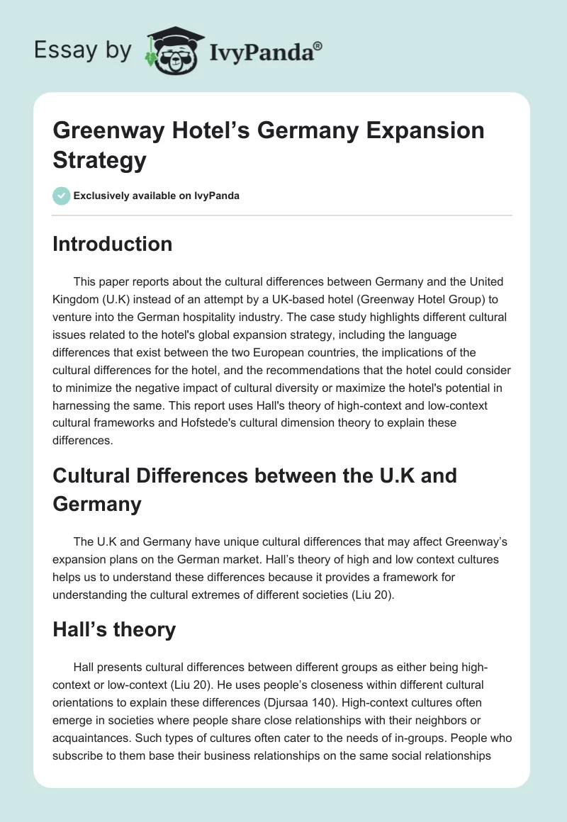 Greenway Hotel’s Germany Expansion Strategy. Page 1