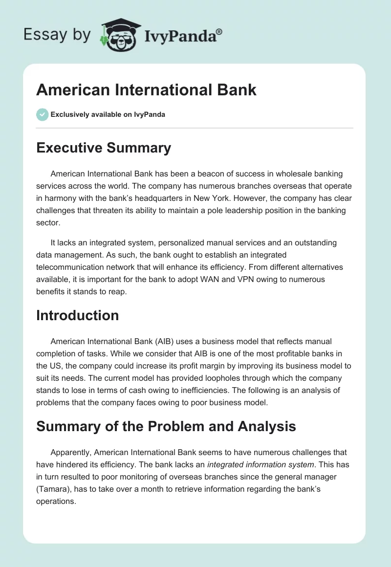 American International Bank. Page 1