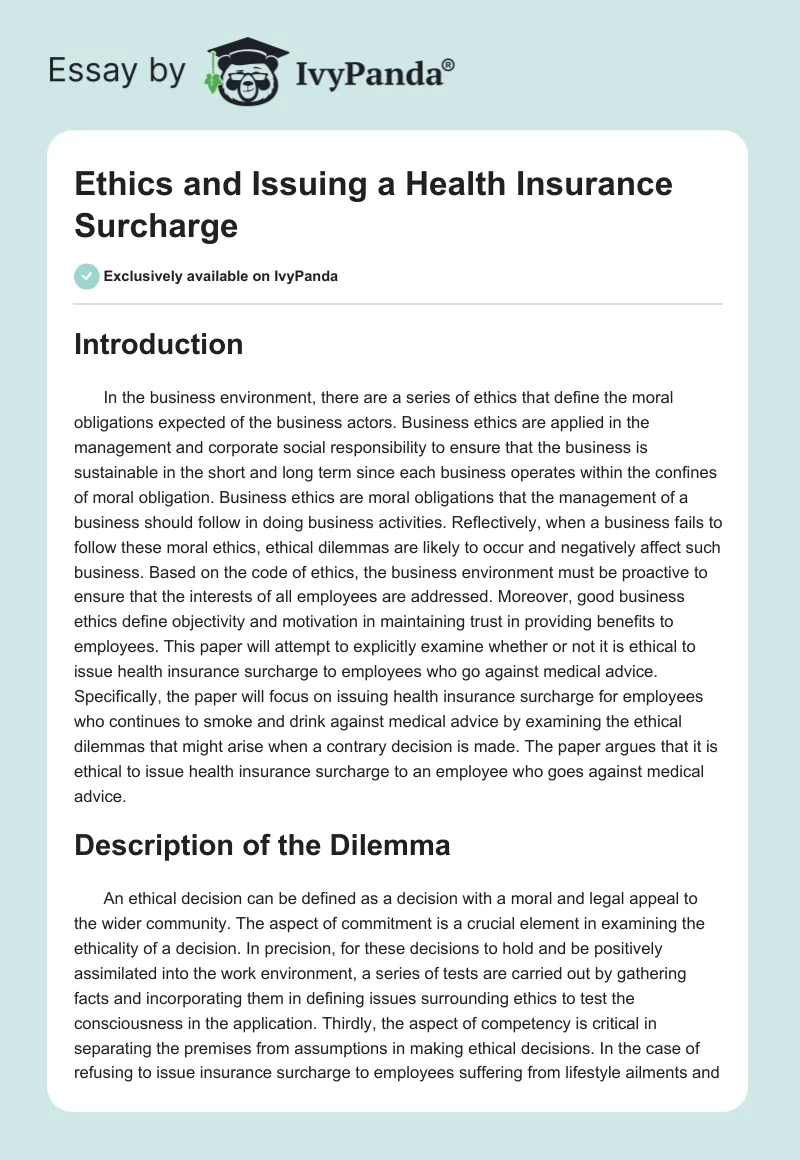 Ethics and Issuing a Health Insurance Surcharge. Page 1
