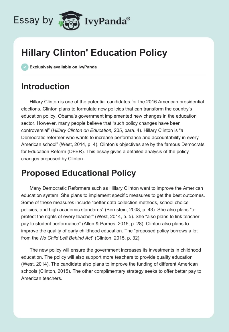 Hillary Clinton' Education Policy. Page 1