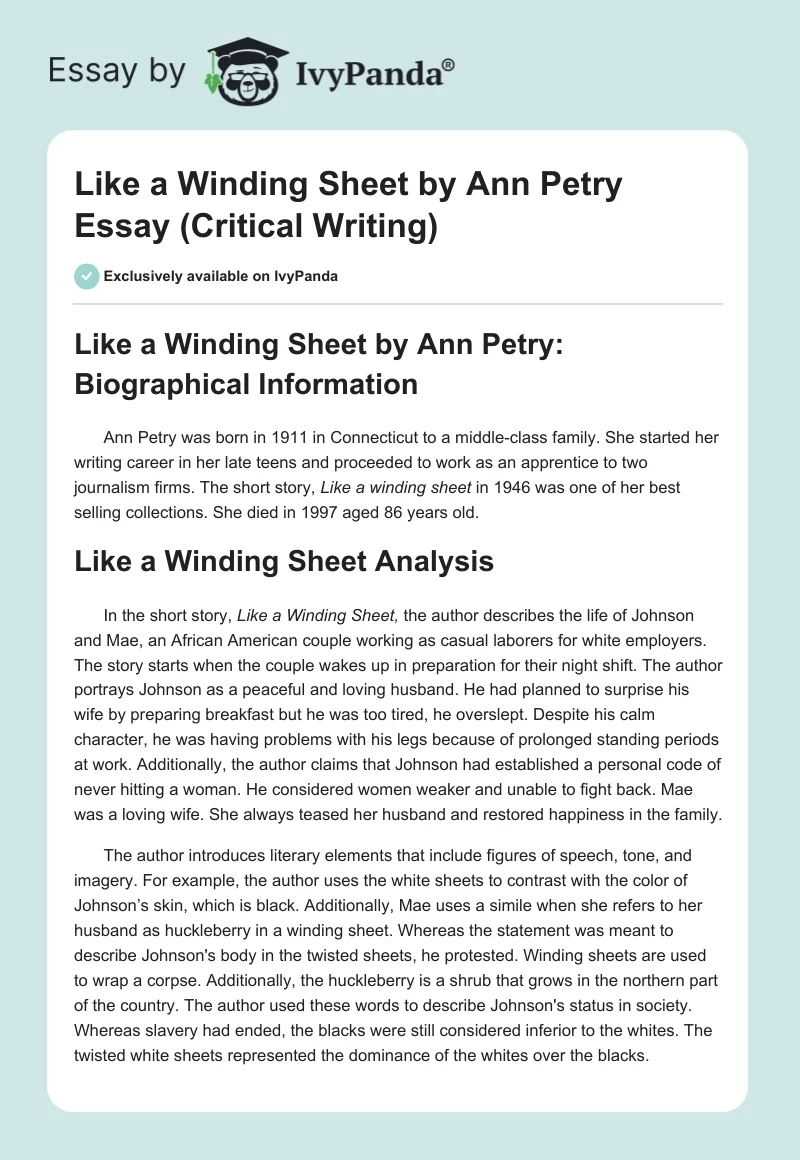 Like a Winding Sheet by Ann Petry Essay (Critical Writing). Page 1