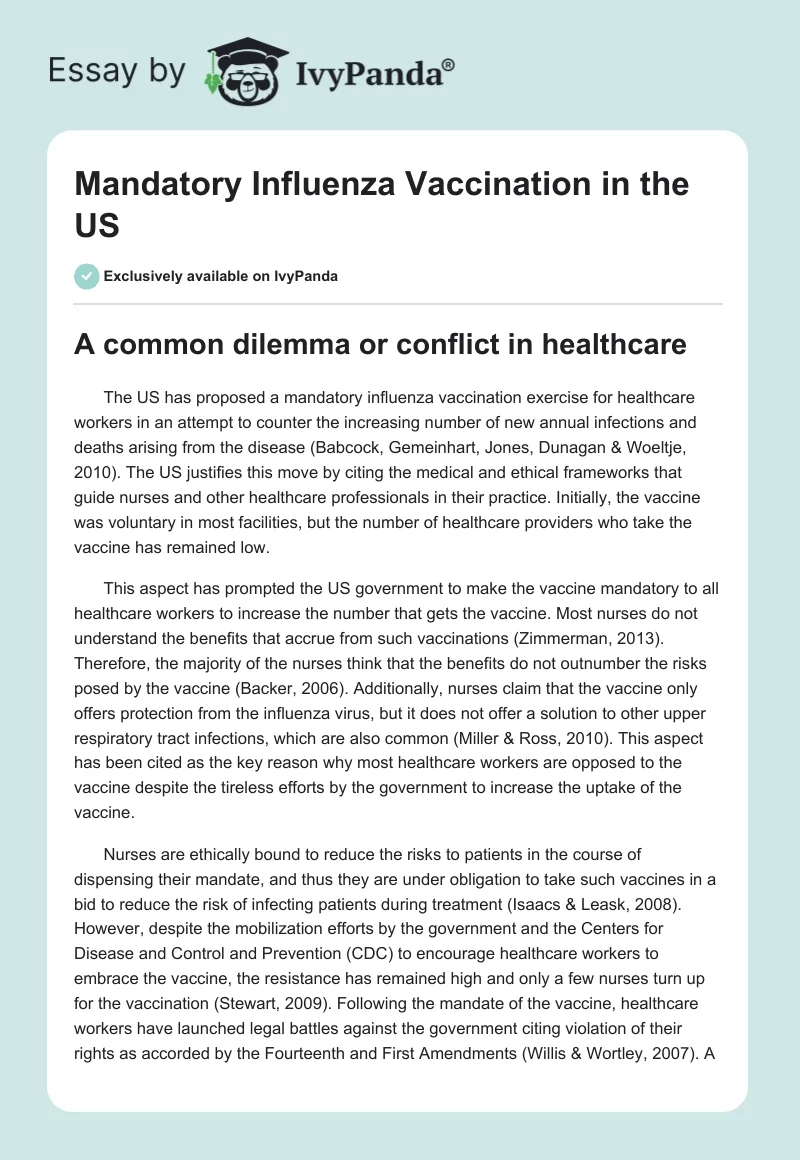 Mandatory Influenza Vaccination in the US. Page 1