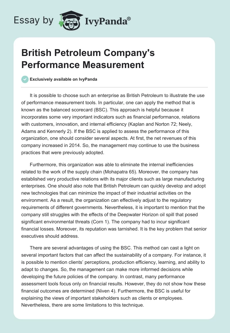 British Petroleum Company's Performance Measurement. Page 1