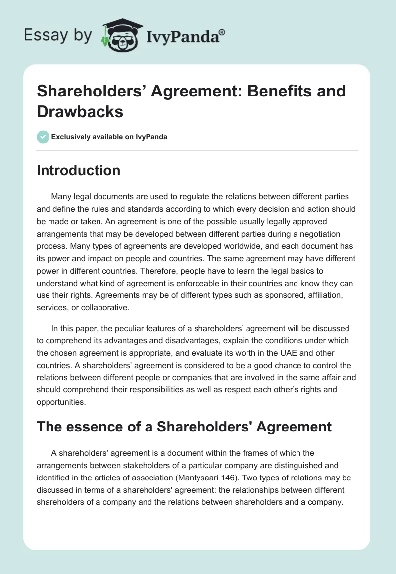 Shareholders’ Agreement: Benefits and Drawbacks. Page 1