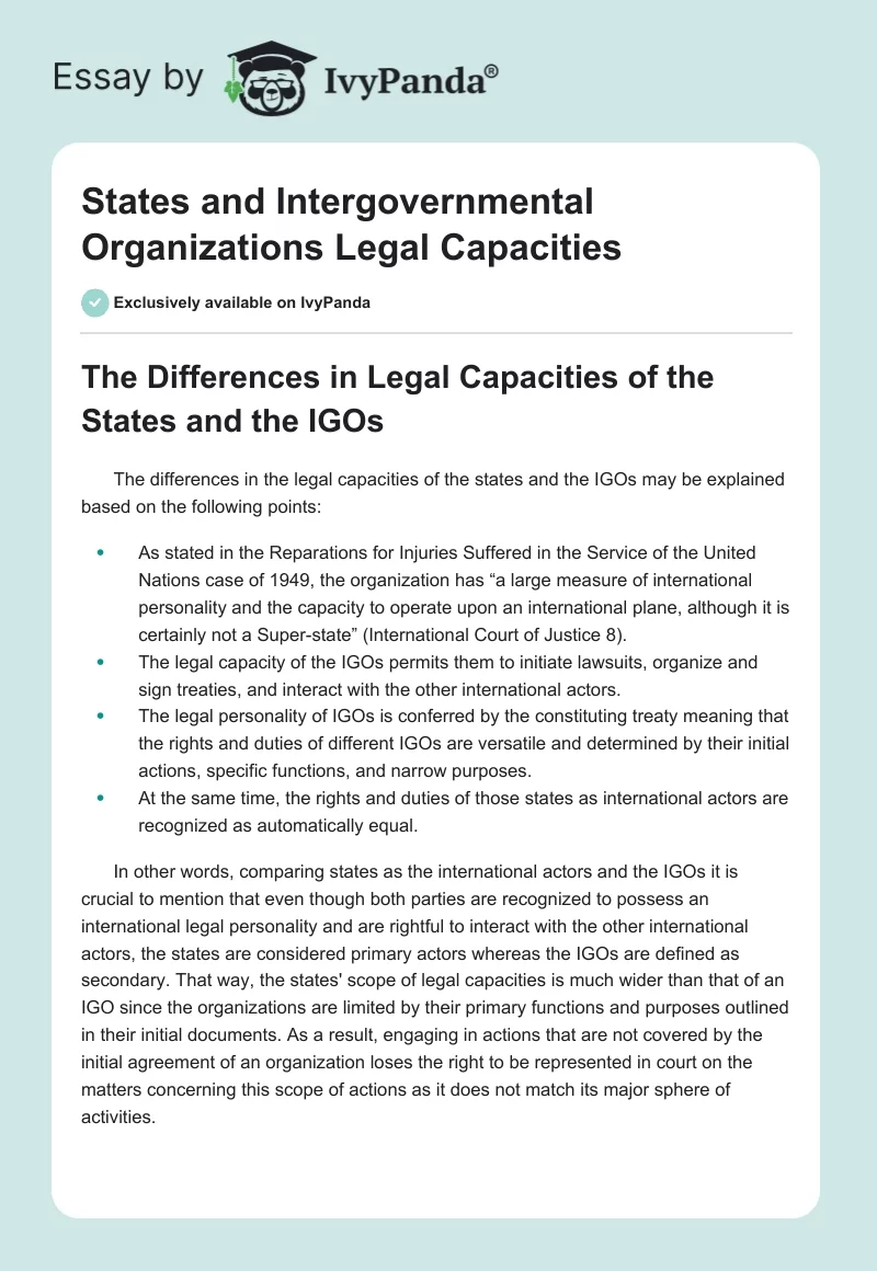 States and Intergovernmental Organizations Legal Capacities. Page 1
