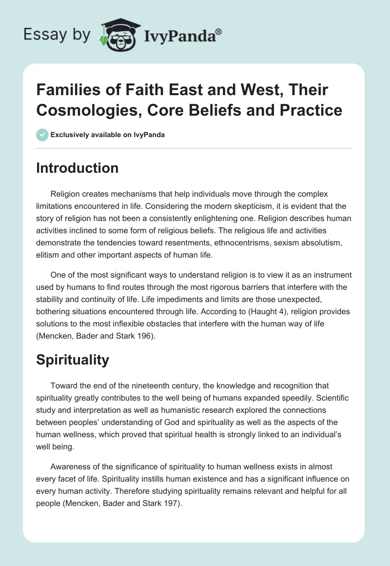 Families of Faith East and West, Their Cosmologies, Core Beliefs and Practice. Page 1