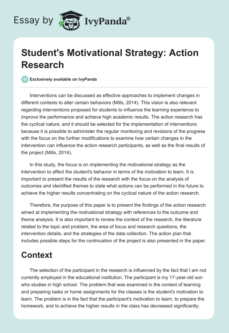 Student's Motivational Strategy: Action Research. Page 1