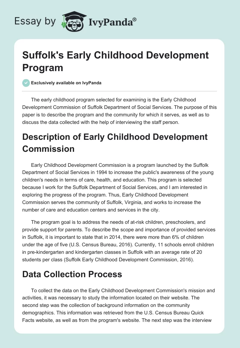 Suffolk's Early Childhood Development Program. Page 1
